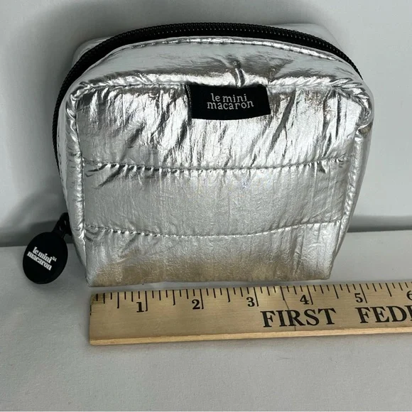 Le Mini Macaron Silver Disco Pouch-Quilted Nylon Zipper Pouch - Picture 5 of 10